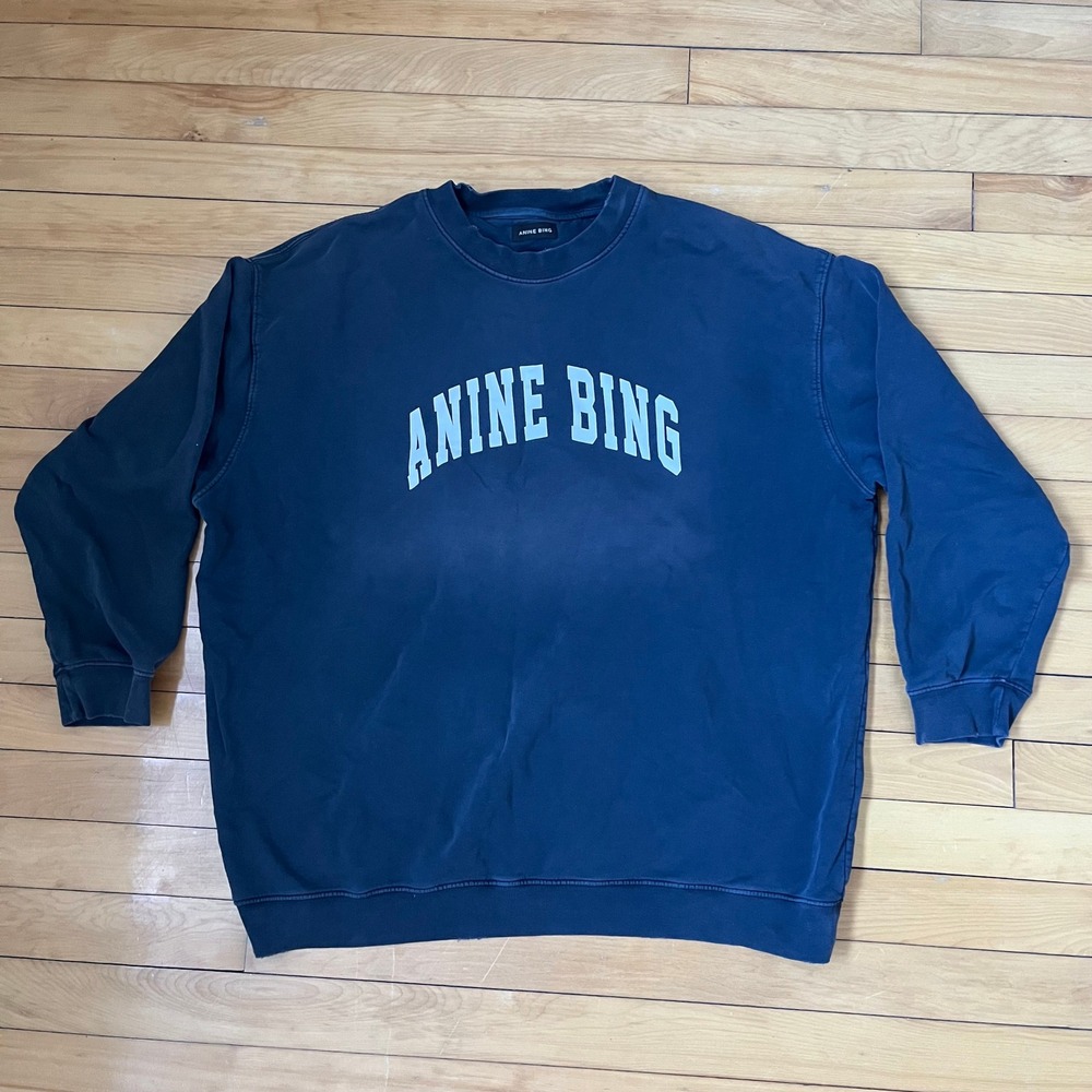 Anine Bing Navy Blue Oversized Graphic Logo Crew Neck Sweatshirt Distressed - Picture 1 of 12